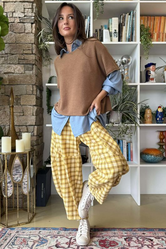 Patrick Plaid Brushed Cotton Barrel Pant Soft Ochre